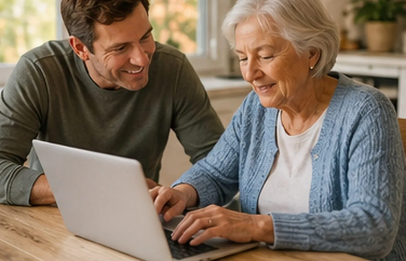 Older adults learning technology with calm family support.