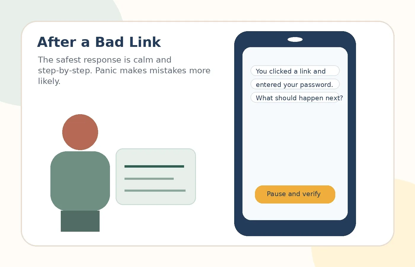 Illustration of a calm recovery checklist after clicking a suspicious link
